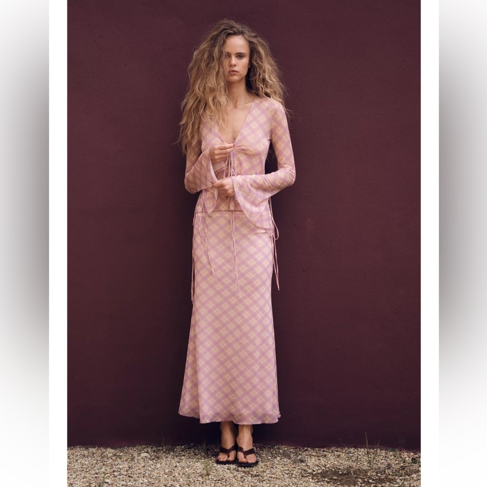 Zara Pink Checkered Maxi skirt and Flared Sleeves top